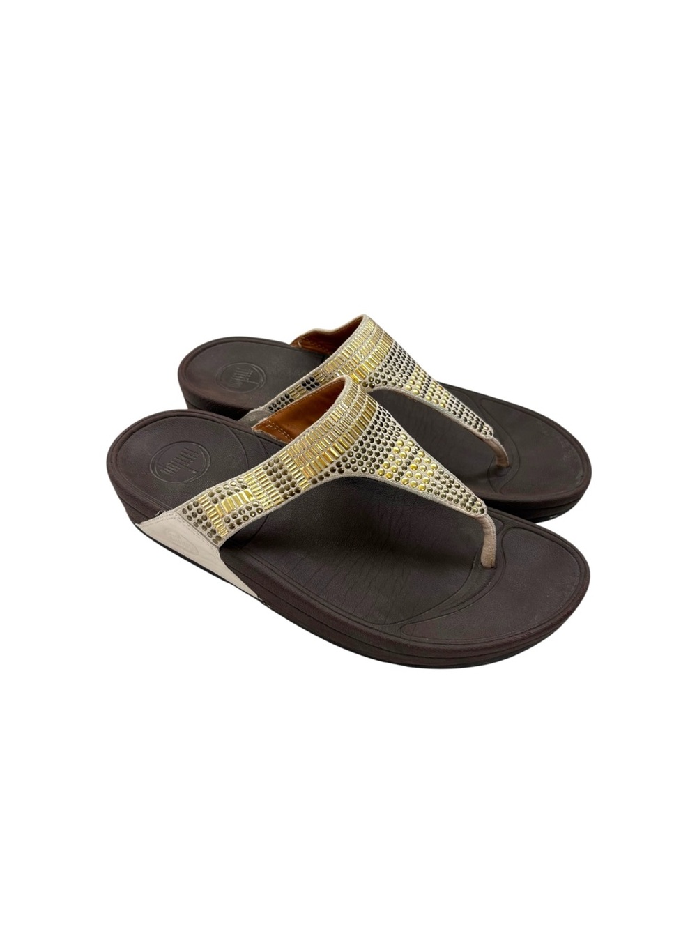 Fitflop Size 8 Beige Gold Aztec Chanda Platform Sandals Wedge Travel Resortwear